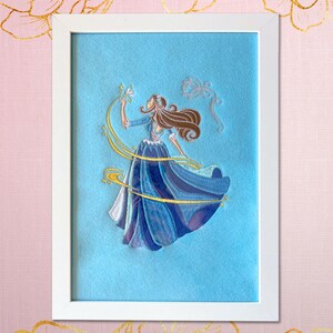 Princess embroidery art showcasing a pauper in a flowery blue dress reaching for a pink butterfly.
