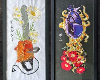 Chainsaw Man Embroidery Art | Pochita, Reze, Power Inspired Wall Decor | Framed Anime Gifts
