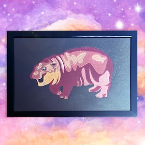 Moo Deng baby Hippo gift | Cute Hippopotamus embroidery Present | Framed Wall art