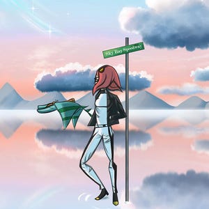 May include: A woman with pink hair stands in front of a sign that reads "Sky Ray Speedway". She is wearing a white and black outfit and holding a green and blue scarf. The background is a pink and blue sky with clouds reflected in the water.