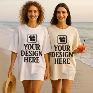 Ivory White C1717 Mockup, Comfort Colors T-shirt Mockup, Couple Summer Mocks Double Model Mockup C1717 Shirt Mock, White Ivory Beach Combo