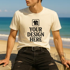 Mens Ivory Comfort Colors CC 1717 T-Shirt Mock Up, Beach Comfort Color 1717 Male Model Mockup, Ivory Unique Men Mock, 1717 Digital Mockups