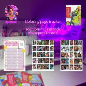 Può includere: Immagine a tema viola con un tracker di pagine da colorare e soluzioni per "Les grands classiques Tome 1". L'immagine include una copertina di un libro Disney, illustrazioni di personaggi e una lista di controllo per le pagine da colorare. Il testo "Coloring page tracker + solutions" è visibile.