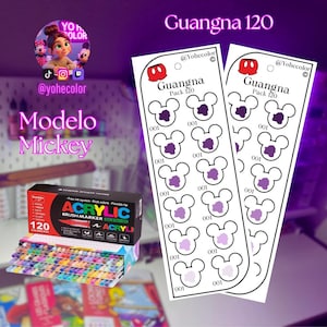 Puede incluir: La imagen muestra un conjunto de 120 rotuladores de pincel acrílico y dos tiras de pegatinas con forma de Mickey Mouse. Los rotuladores están en una caja con el texto "ACRYLIC BRUSH MARKER". Las pegatinas tienen el texto "Guangna Pack 120".