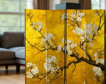 White Cherry Blossom Golden Room Divider Japanese Art Shoji screen Privacy Panel Asian Decor
