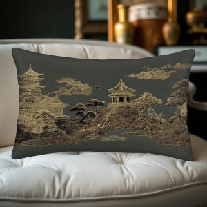 Asian Style Lumbar Pillow cover Ancient Chinese Landscape Cushion Decorative Throw Pillow Dark Grey Gold Line Art Sofa Accent Home Decor