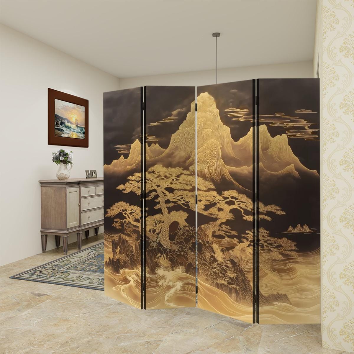 和風折りたたみ屏風 黒金 Modern Asian Room Divider Gold Mountain Folding Screen Japandi