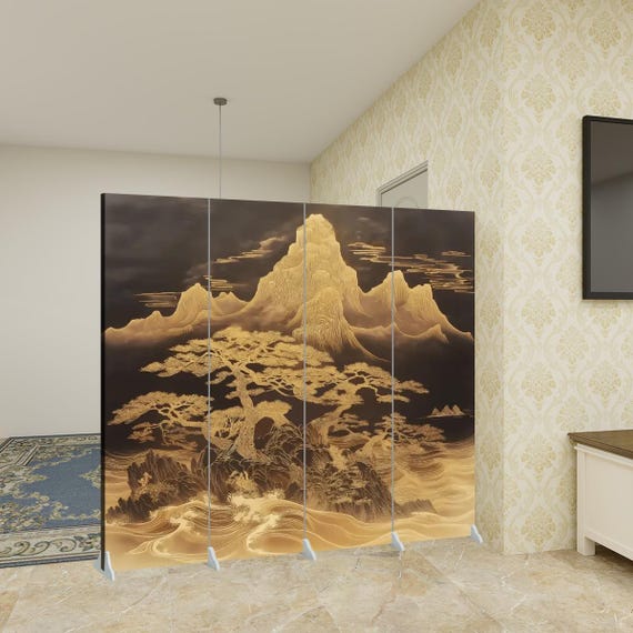 Modern Asian Room Divider Golden Mountain Folding Screen Japandi