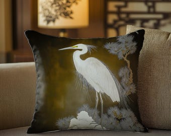 White heron pine pillowcase velvet border Japanese painting cushion cover traditional brushwork art decor dark background throw pillow