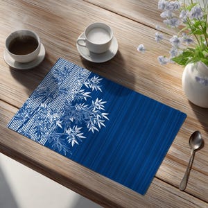 Japanese broadcloth placemat set indigo kimono bamboo leaves blue white dining decor Zen table mat Asian minimalist tableware homeware gift