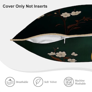 gray heron pillow orange moon velvet cushion cover Chinese brush painting floral decor high detail bird art throw pillow boho zen accent image 5
