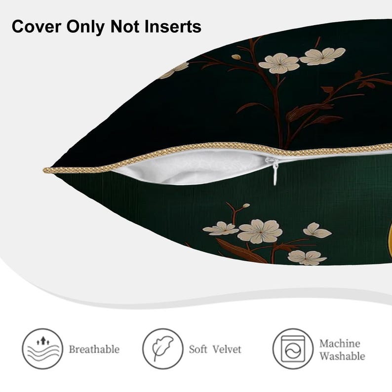 gray heron pillow orange moon velvet cushion cover Chinese brush painting floral decor high detail bird art throw pillow boho zen accent image 5