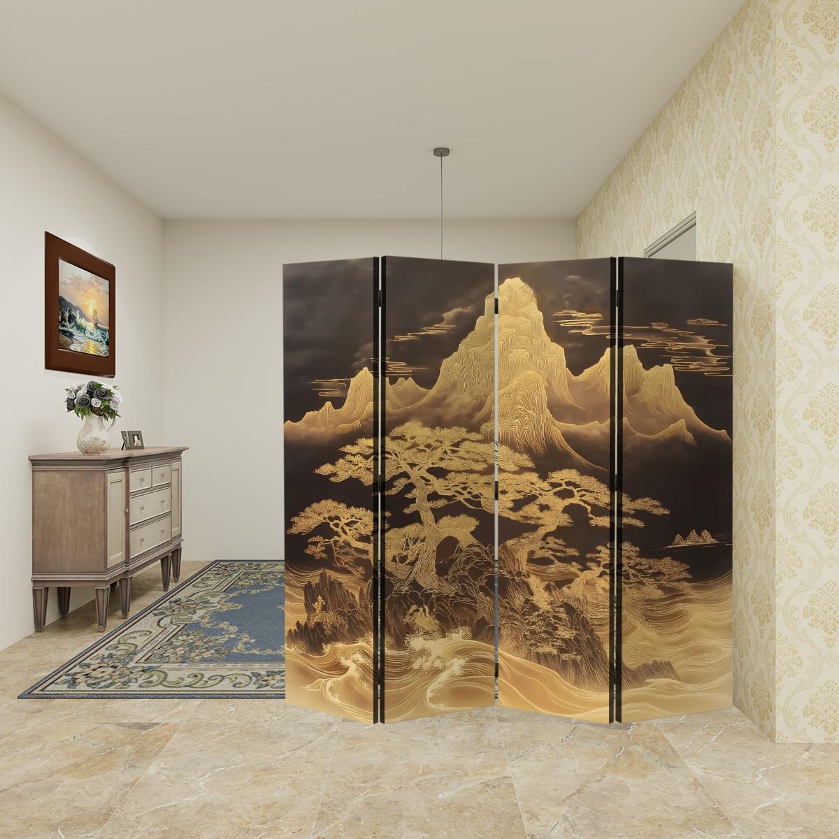 黒金 和風折りたたみ屏風 Modern Japandi Screen Folding Mountain Gold Divider Room Asian 子どもの日