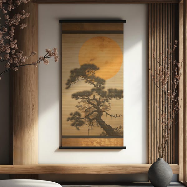 Japanese art scroll sunset pine tree golden hues bamboo wall hanging Zen decor eco-friendly authentic home accent meditation tranquility
