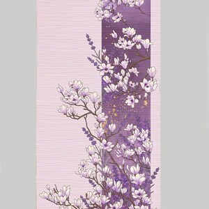 May include: A vertical wall hanging featuring a light pink background with horizontal lines and a central dark purple panel. The artwork displays blooming white and light purple magnolia flowers on brown branches, accented with sprigs of lavender.