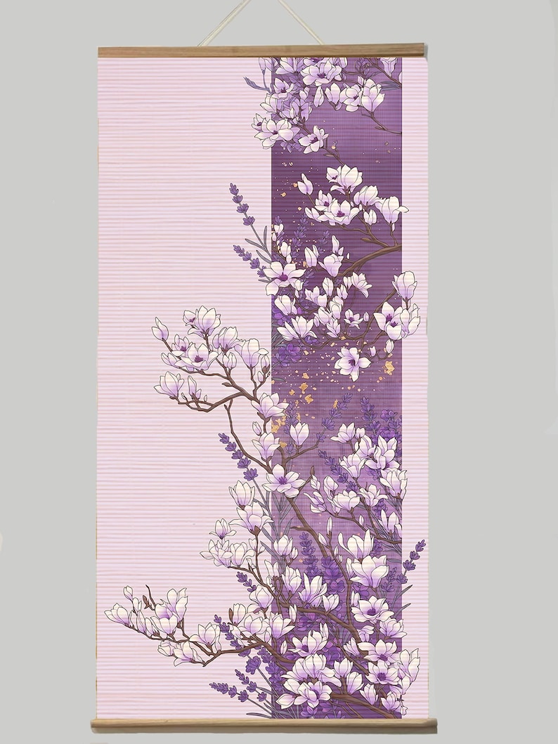 May include: A vertical wall hanging featuring a light pink background with horizontal lines and a central dark purple panel. The artwork displays blooming white and light purple magnolia flowers on brown branches, accented with sprigs of lavender.