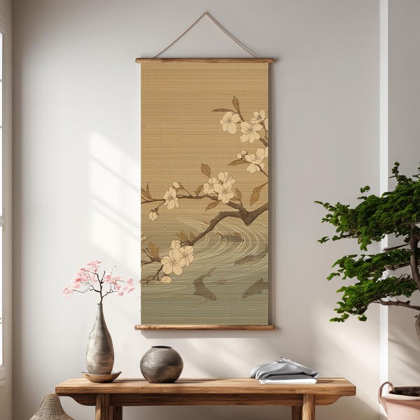 Japanese Cherry Blossom Bamboo Scroll Koi Fish Hokusai Inspired Beige Gold Painting Zen Boho Asian Fusion Meditation Altar Wall Hanging