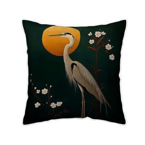 gray heron pillow orange moon velvet cushion cover Chinese brush painting floral decor high detail bird art throw pillow boho zen accent image 2