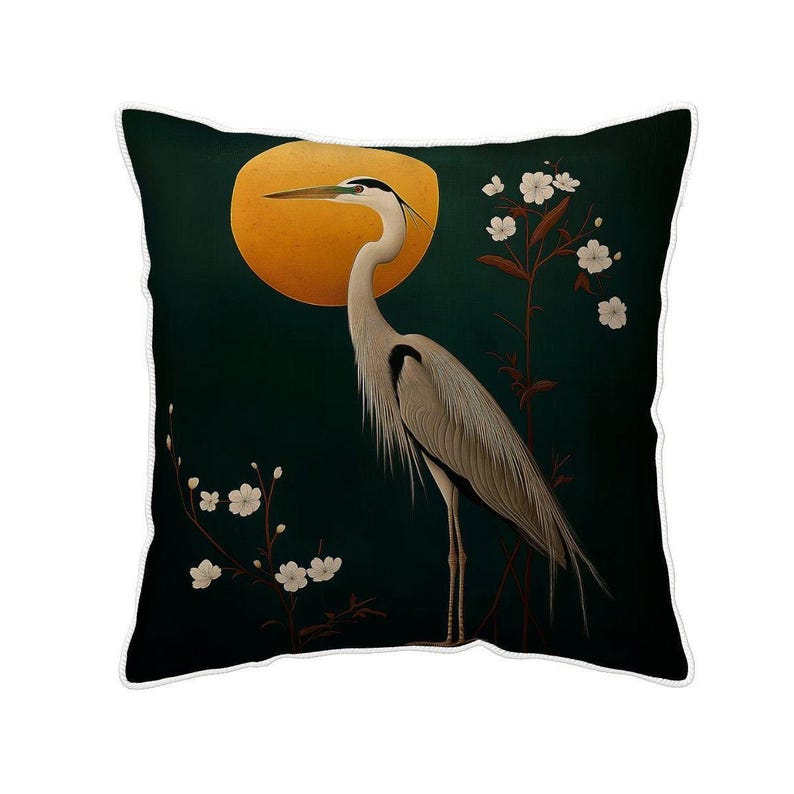 gray heron pillow orange moon velvet cushion cover Chinese brush painting floral decor high detail bird art throw pillow boho zen accent image 2