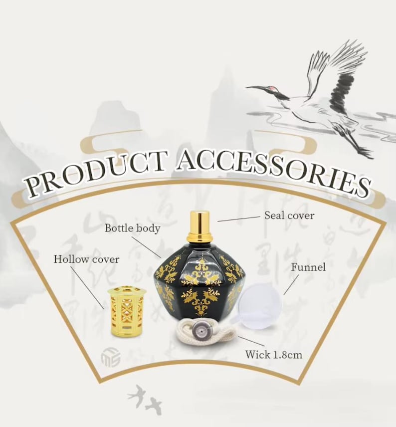 May include: Product accessories, including a black bottle with gold accents, a gold-colored hollow cover, a white funnel, and a wick measuring 1.8cm. The image also features the text "PRODUCT ACCESSORIES".
