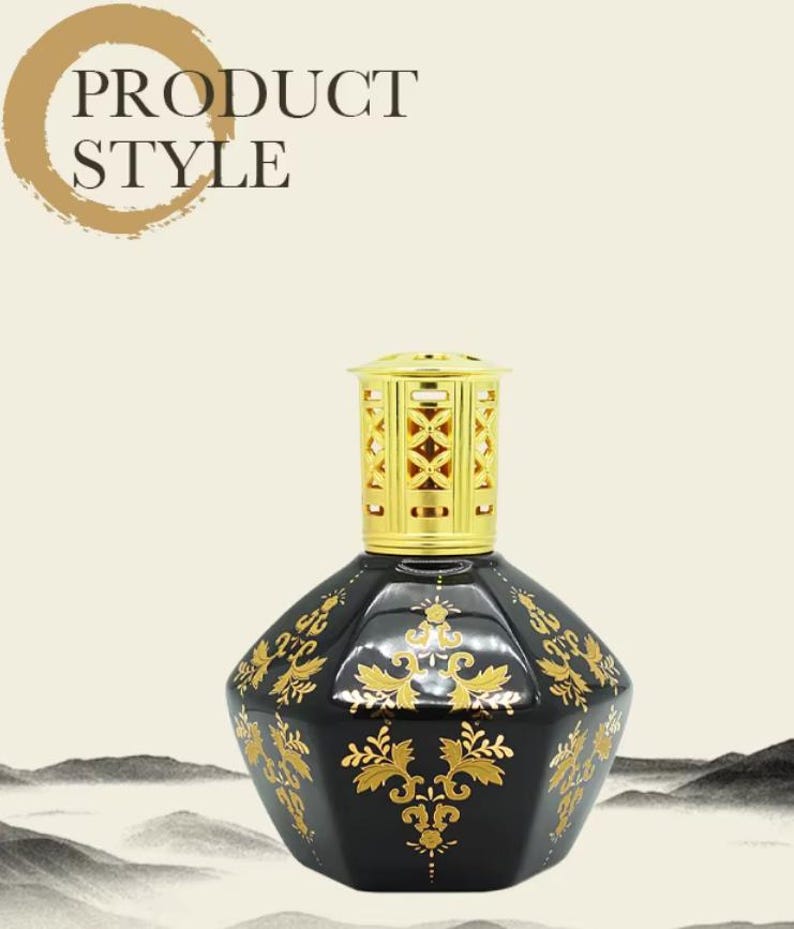 May include: Black decorative fragrance lamp with gold filigree accents. The lamp has a gold-colored top and a geometric shape. The text "PRODUCT STYLE" is in the upper left corner.