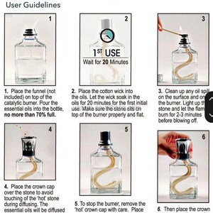 May include: A clear glass oil lamp diffuser with user guidelines. The instructions show how to use the lamp, including filling it with oil, lighting the wick, and covering the stone. The text reads "Wellness Natural Oil Lamp Diffuser."