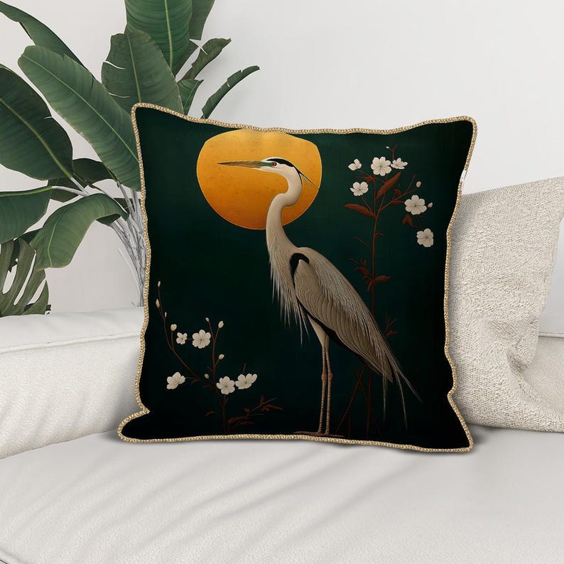 gray heron pillow orange moon velvet cushion cover Chinese brush painting floral decor high detail bird art throw pillow boho zen accent image 3