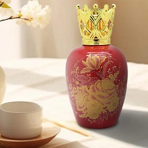 Red Ceramic Catalytic Fragrance Lamp Gold Crown floral Oil Diffuser Chinoiserie Home Decor Aromatherapy Meditation Holistic Gift