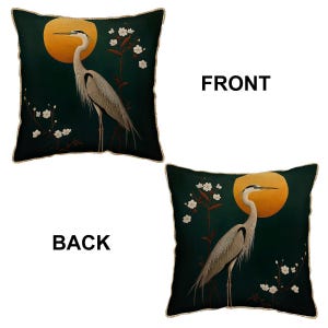 gray heron pillow orange moon velvet cushion cover Chinese brush painting floral decor high detail bird art throw pillow boho zen accent image 4