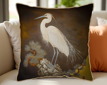 velvet border pillowcase Japanese painting white heron pine cushion cover traditional brushwork art decor dark background throw pillow