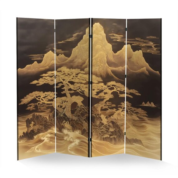 Modern Asian Room Divider Golden Mountain Folding Screen Japandi