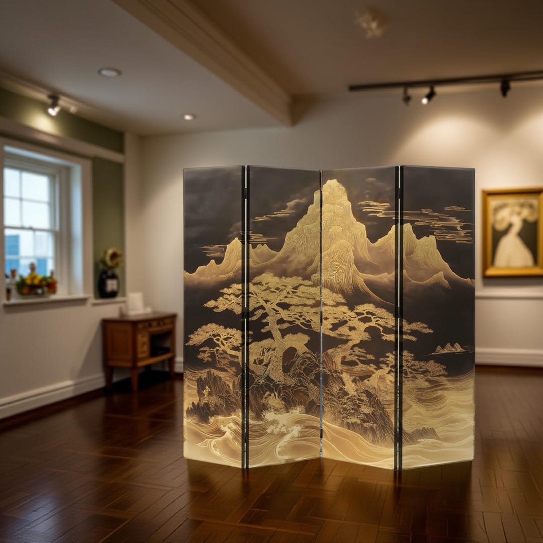 Modern Asian Room Divider Gold Mountain Folding Screen Japandi