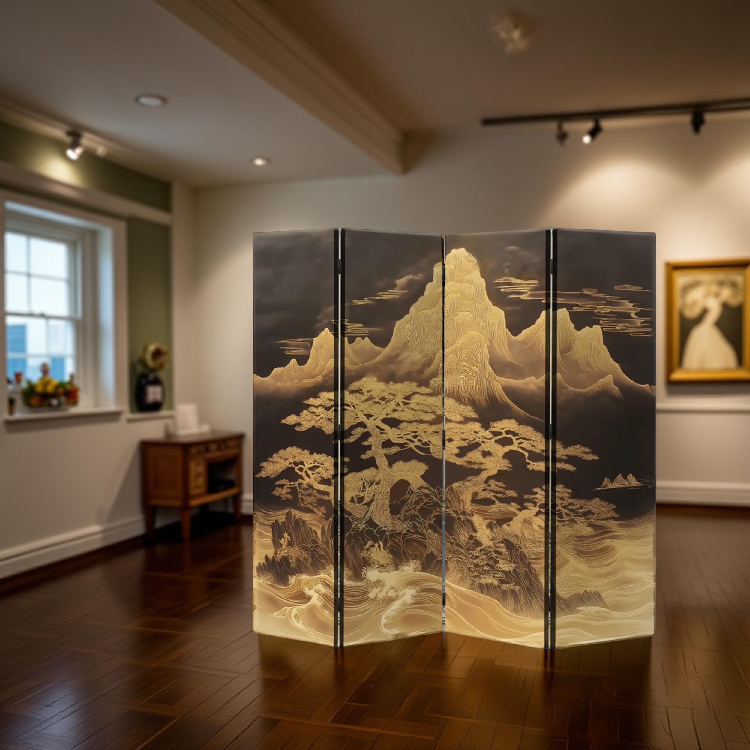 Modern Asian Room Divider Gold Mountain Folding Screen Japandi