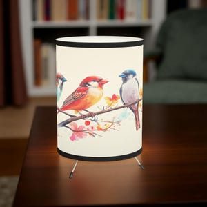 bird tripod lamp colorful sparrow lamp watercolor bird lamp nature theme lighting cozy room decor warm light fabric lamp boho home gift