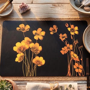Gold Floral Faux Leather Vinyl Placemat 4 Pc Set Botanical Table mat Non-slip Dining Decor Wildflower Washable Tableware