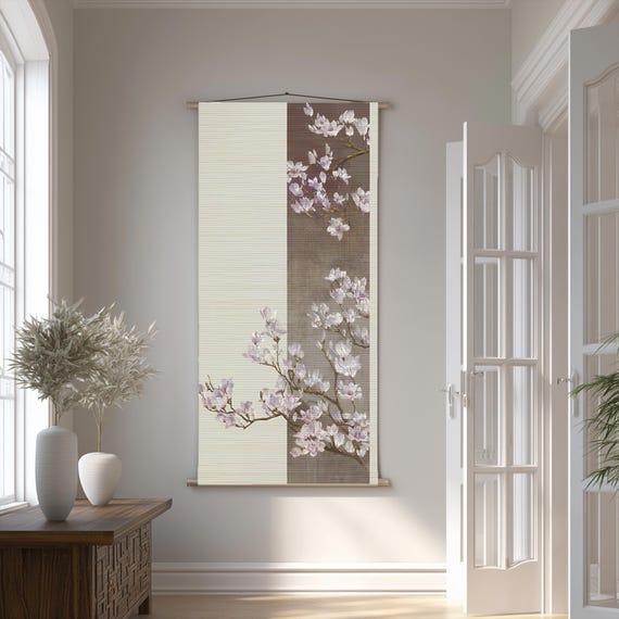 Asian magnolia scroll bamboo wall hanging ink painting minimalist Zen decor boho Chinese style home accent eco friendly