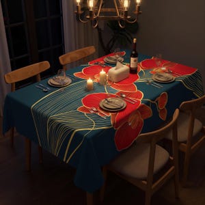 May include: A rectangular tablecloth featuring a deep teal background with large, vibrant red orchid blossoms and delicate, flowing gold line patterns. The fabric covers a dining table set with plates, silverware, wine glasses, and candles.