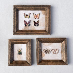 Può includere: Tre opere d'arte di insetti incorniciate. La cornice superiore contiene quattro esemplari di farfalle colorate. Le due cornici inferiori presentano ciascuna un singolo insetto, uno scarabeo e due falene, rispettivamente. Le cornici sono in legno scuro rustico.