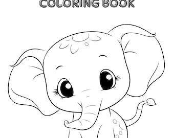 Könnte beinhalten: Eine schwarz-weiße Malbuchseite mit dem Text ANIMAL COLORING BOOK am oberen Rand. Unter dem Text befindet sich eine Strichzeichnung eines Elefantenbabys mit großen Augen, langen Wimpern und kreisförmigen Flecken an den Beinen.