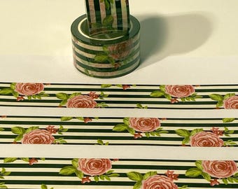 Paris in Bloom Washi Tape – Floral Striped Decorative Tape for Journals, Planners, Scrapbooking & Crafts