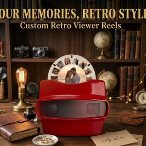 Puede incluir: Un visor de fotos rojo brillante de estilo retro con un carrete circular insertado en la parte superior. El carrete muestra varias fotografías pequeñas. El texto "YOUR MEMORIES, RETRO STYLE" y "Custom Retro Viewer Reels" está impreso en oro.