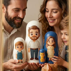 Könnte beinhalten: Ein Satz von fünf Matrjoschka-Puppen, die jeweils eine Cartoon-Illustration eines Familienmitglieds und einer Katze zeigen. Die Puppen sind in Weiß und Blau gehalten, mit einer orangefarbenen Katzenpuppe. Die Puppen werden von einer Familie gehalten.