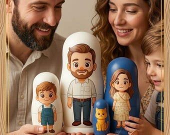 Muttertagsgeschenk - Benutzerdefinierte Fotofamilie verschachtelt, personalisiertes Cartoon-Porträt mit Haustieren, Matroschka-Geschenk aus Holz, Vatertagsgeschenk