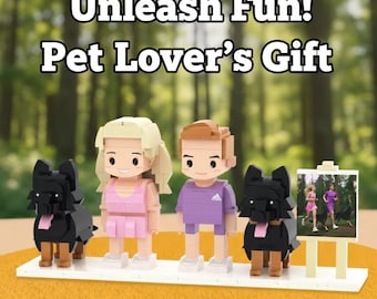 Aangepaste steenfiguren van stel en huisdier – gepersonaliseerde minibeeldjesset, uniek bouwsteencadeau, aandenken huisdierliefhebber, jubileumcadeau