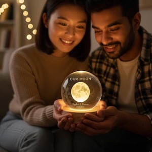 Op de afbeelding: Een heldere glazen bol met een gloeiende maan afbeelding, rustend op een houten voet. De bol heeft de tekst "OUR MOON" en een naam en datum. De bol wordt door twee mensen vastgehouden.