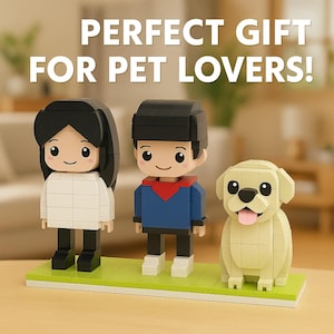 Benutzerdefinierte Ziegelfiguren Hund und Katze - Personalisierte ABS Mini-Spielzeug von Ihnen und Ihrem Haustier, Ganzkörper-Paarfiguren, einzigartiges Geschenk für Tierliebhaber