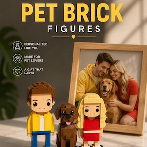 May include: Custom pet brick figures featuring two stylised human characters and a brown dog constructed from interlocking plastic bricks. The figures stand on a black base. Text on the image reads: CUSTOM PET BRICK FIGURES, PERSONALIZED LIKE YOU, MADE FOR PET LOVERS, A GIFT THAT LASTS.