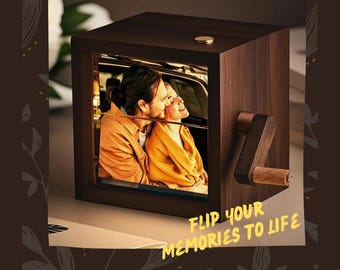 Custom Flip Book Frame – Mechanical Hand Motion Photo Album, Black Walnut Memory Box, Personalized Gift for Home Decor, Birthday, Valentine