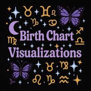May include: Purple and gold astrological birth chart visualization with the text "Birth Chart Visualizations" in the center. The image features various zodiac symbols, stars, and butterflies.