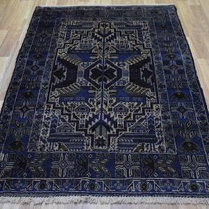 1960s Handwoven Rug , 3x5 Vintage Rug , Beige Navy Antique Geometric Afghan Hand Knotted Veg Dyes Wool rug , Oriental rug, Bedroom area rug
